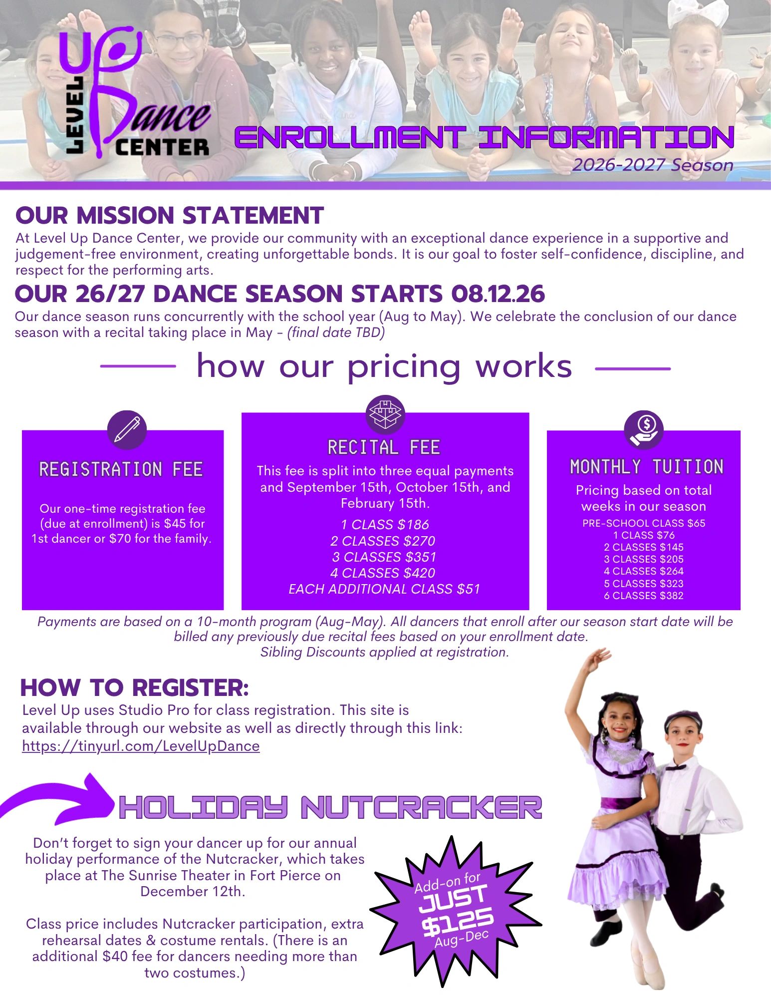 Level Up Dance Center Enrollment Information 2026-2027 Season